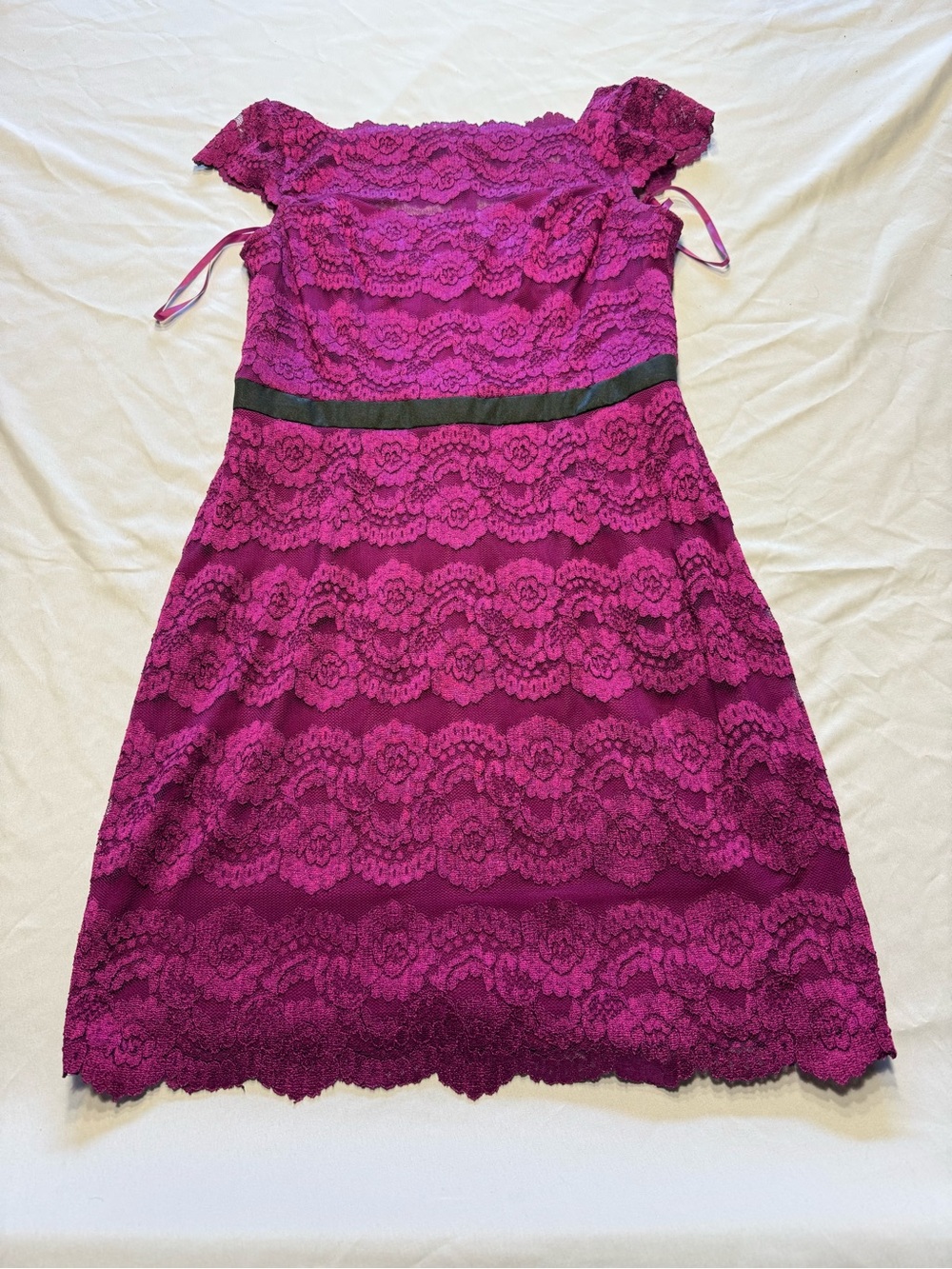 Adrianna Papell Fuchsia Lace Off-Shoulder Midi Dress